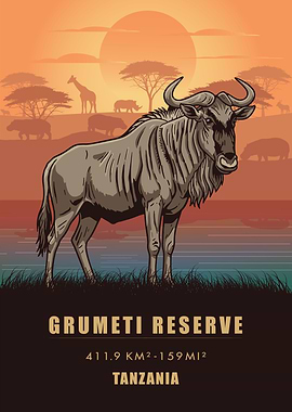 Vintage Grumeti Reserve Wildebeest Poster , Tanzania Great Migration Art , Retro Safari Print