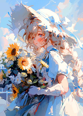 Anime Girl with Sunflowers