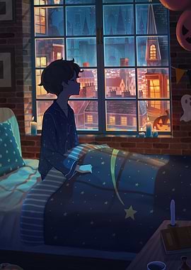 Boy in Pajamas by Window at Night