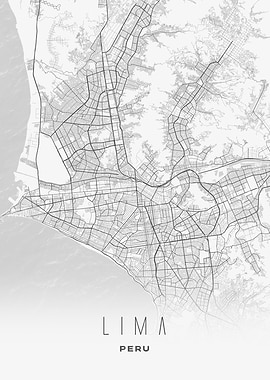 Lima, Peru - Coastal City Map Poster, Modern Monochrome Urban Art