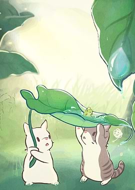 Animals sheltering under a leaf