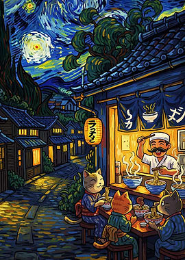 Cats Eating Ramen Starry Night