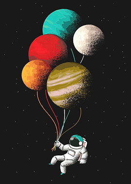 Astronaut with Planet Balloons in Space