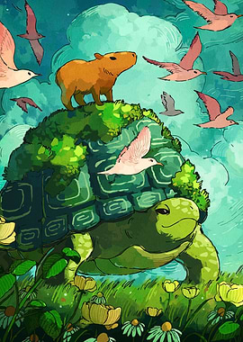Turtle, Capybara, and Birds Illustration