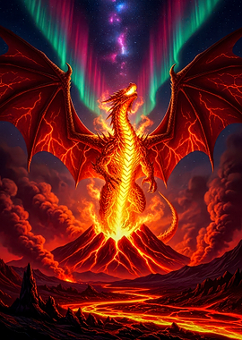 Fiery Dragon on Volcano with Aurora