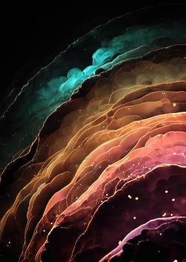 Abstract Layered Landscape with Glowing Particles