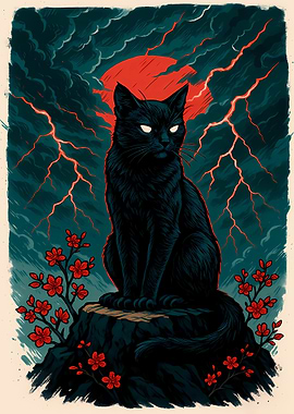 Black Cat Under Red Moon Japan Style