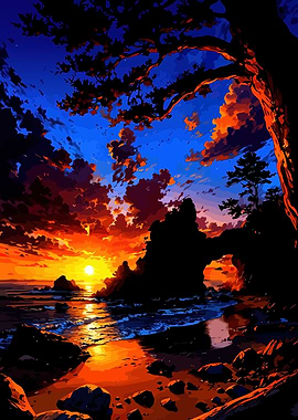 Dramatic Coastal Sunset Landscape Painting