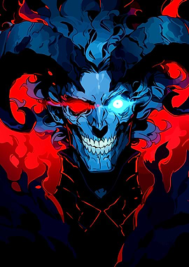 Blue Demon with Horns and Flames