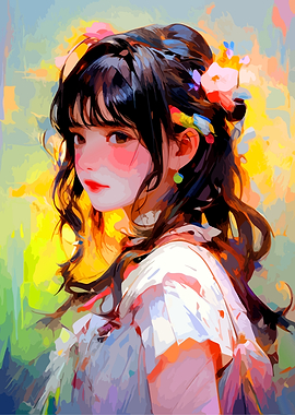 Anime Girl with Flowers Painting