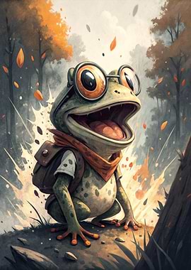 Cartoon Frog with Backpack and Glasses