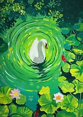 Swan in a green pond painting