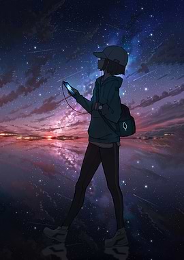 Girl with Phone Under Starry Sky