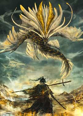 Warrior facing a golden dragon
