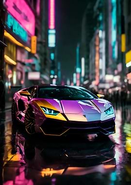 Lamborghini in Neon Cityscape