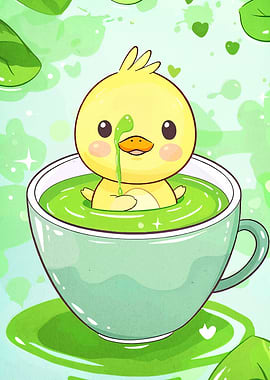 Cute Duckling in Matcha Tea Cup