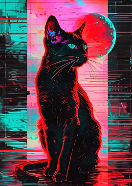 Cyberpunk Black Cat with Neon Moon