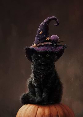Black cat with witch hat on pumpkin