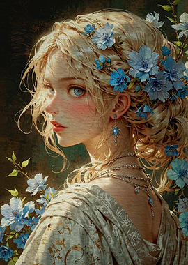 Blonde Woman with Blue Flowers Portrait