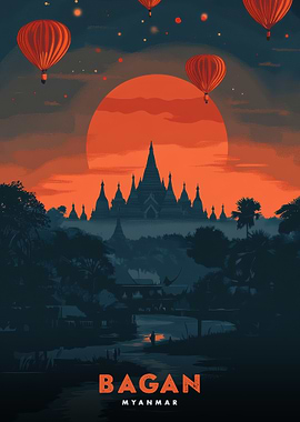 Bagan Myanmar Hot Air Balloons Landscape