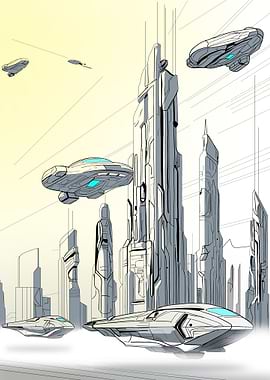 Futuristic Cityscape with Flying Vehicles