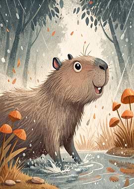 Capybara in Forest Stream Illustration