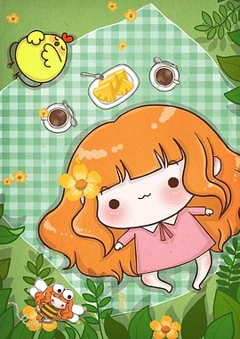 Cute Picnic Girl and Chicken