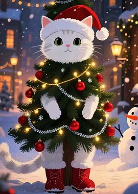 Christmas Cat Tree Snowy Town