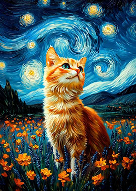 Cat in Starry Night Style
