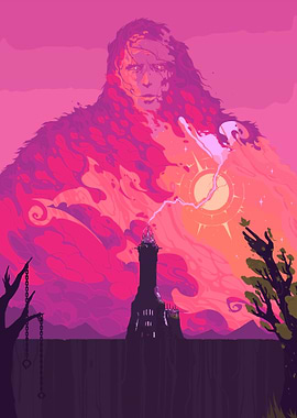 Tower and Giant in Pink Landscape