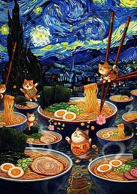 Cats Ramen Starry Night