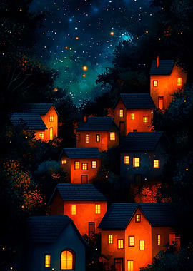 Nighttime Village Under Starry Sky