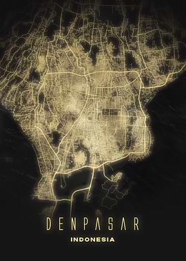 Denpasar, Indonesia - Night City Map Poster, Glowing Streets Art Print