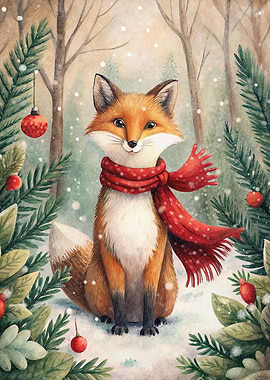 Winter Fox with Scarf and Ornaments