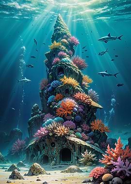 Underwater Coral Tower with Sharks