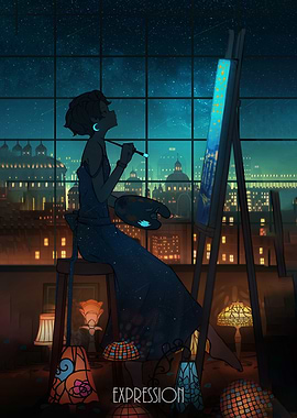 Artist Painting Cityscape at Night