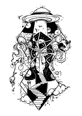 UFO Abduction Black and White Art