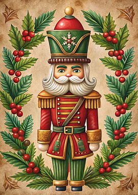 Christmas Nutcracker with Holly Wreath