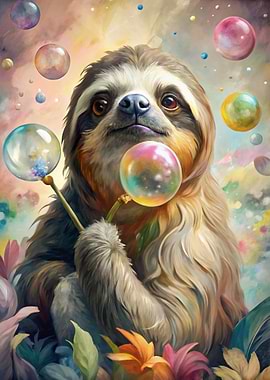 Sloth with Bubbles in Floral Setting