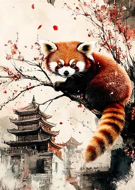 Red Panda in Asian Landscape