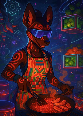 Anthropomorphic Dog Chef Cooking Food