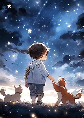 Boy Dogs Under Starry Sky