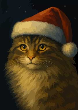 Cute Cat in Santa Hat : Christmas Cat Portrait