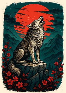 Howling Wolf Under Red Moon