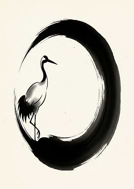Crane and Enso Circle Ink Painting