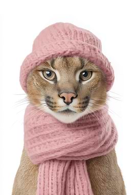 Cozy Caracal in Pink Hat and Scarf
