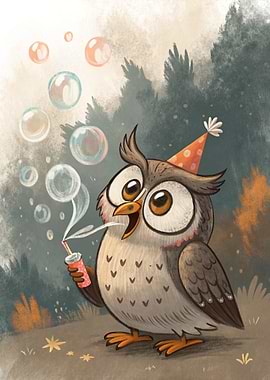 Cartoon Owl Blowing Bubbles with Party Hat