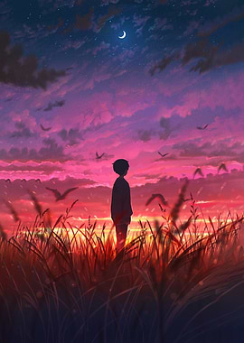 Silhouette in Field at Sunset