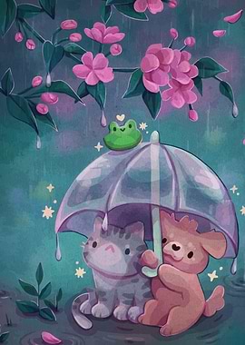 Cat and Dog Under Umbrella in Rain