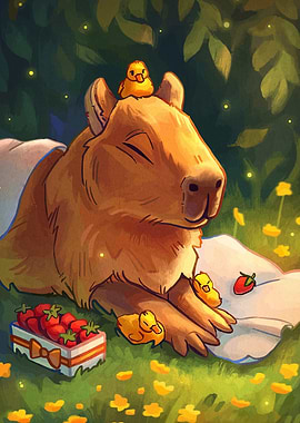 Capybara with Ducklings and Strawberries